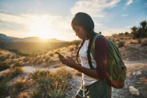 Woman hiking and looking at her phone for camping apps in the uk