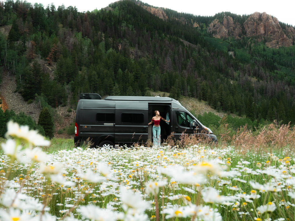 A woman stands at the open door of a black camper van parked in a field of white daisies, surrounded by lush green forest and tall rocky mountains in the background.