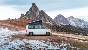 campervan and RV in the snow in winter