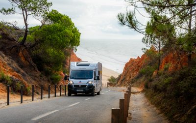 Traveler holding an international driver’s permit next to a campervan before starting a road trip abroad.