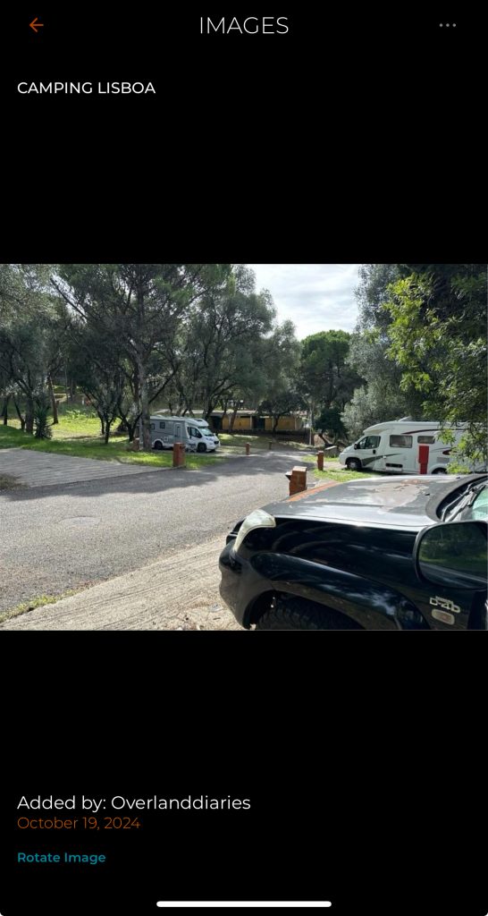 Screenshot of the iOverlander app showing campervan overnight spots on the map.