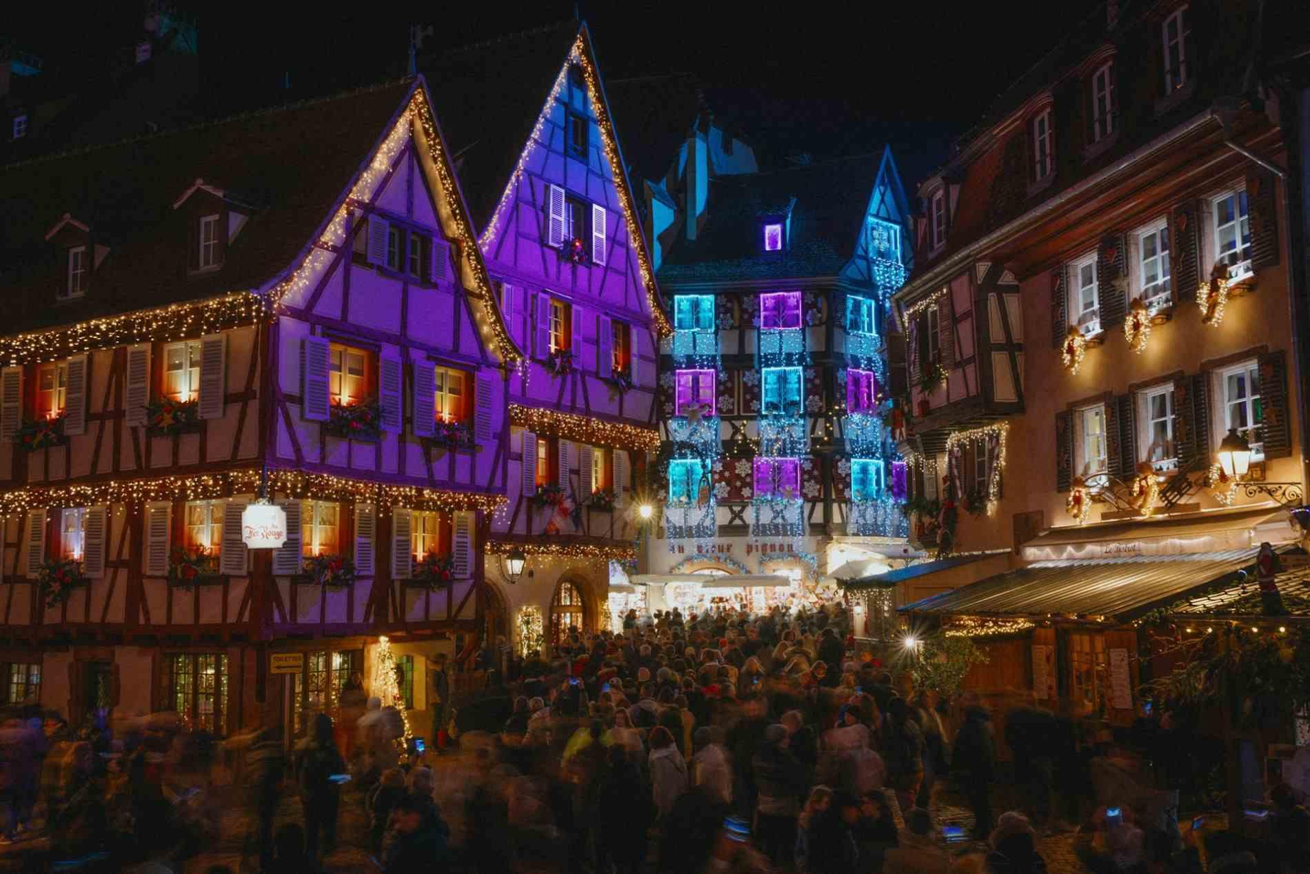 Colmar Christmas market among half-timbered houses in Alsace