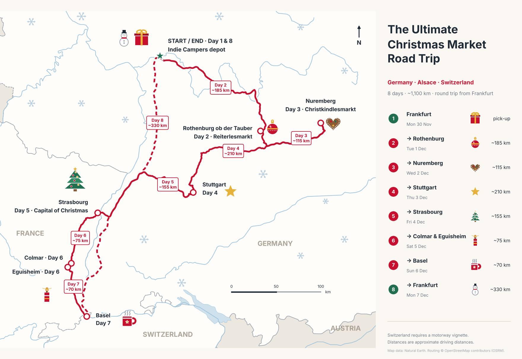 Campervan route map for a Christmas market road trip in Europe