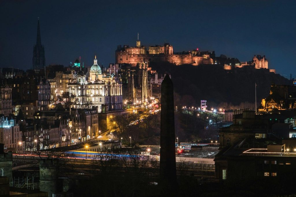 Edinburgh Castle and the Old Town skyline lit up at night