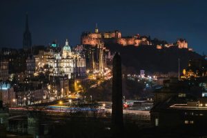Edinburgh Castle and the Old Town skyline lit up at night