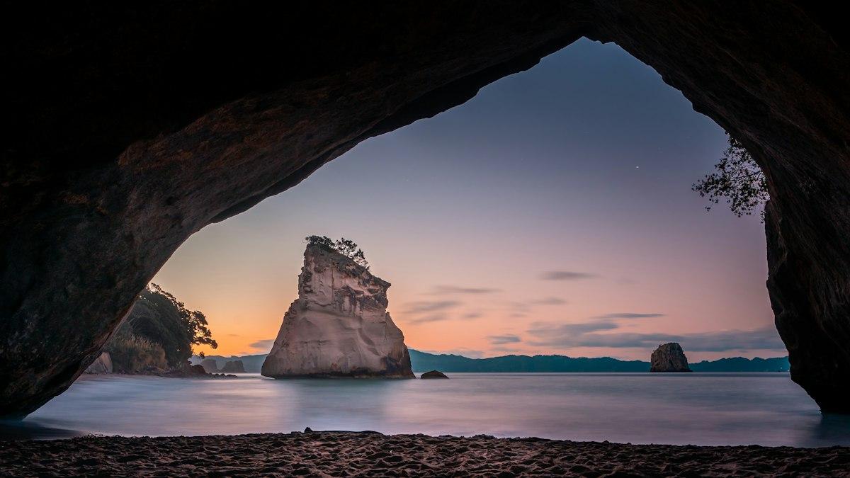 Cathedral Cove on the Coromandel Peninsula at dusk
