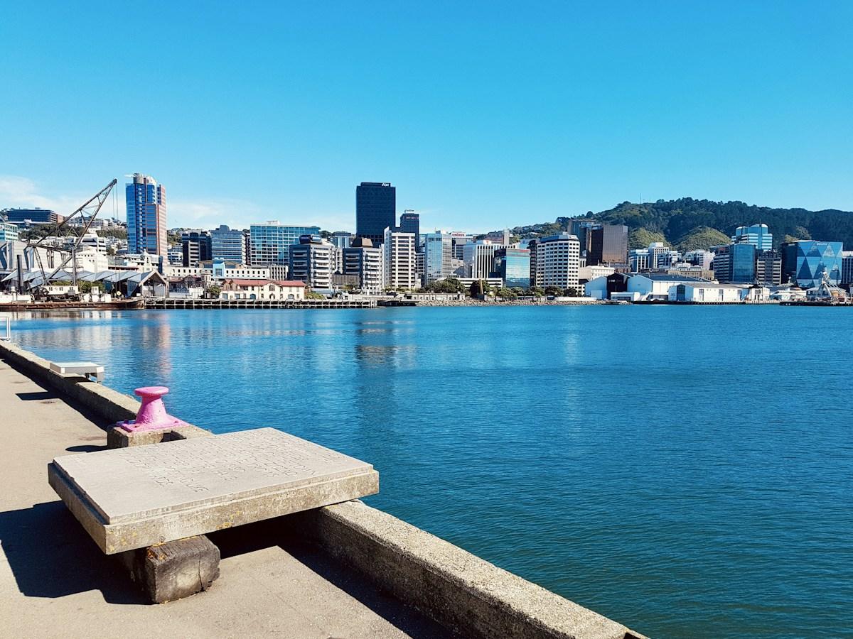 Wellington waterfront and harbour on a sunny day