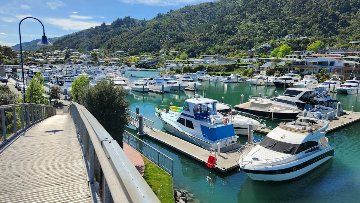 Boats moored at Picton marina in the Marlborough Sounds