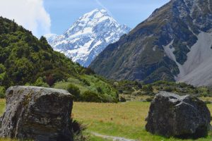 Snow-capped Aoraki/Mount Cook above the Hooker Valley Track in New Zealand