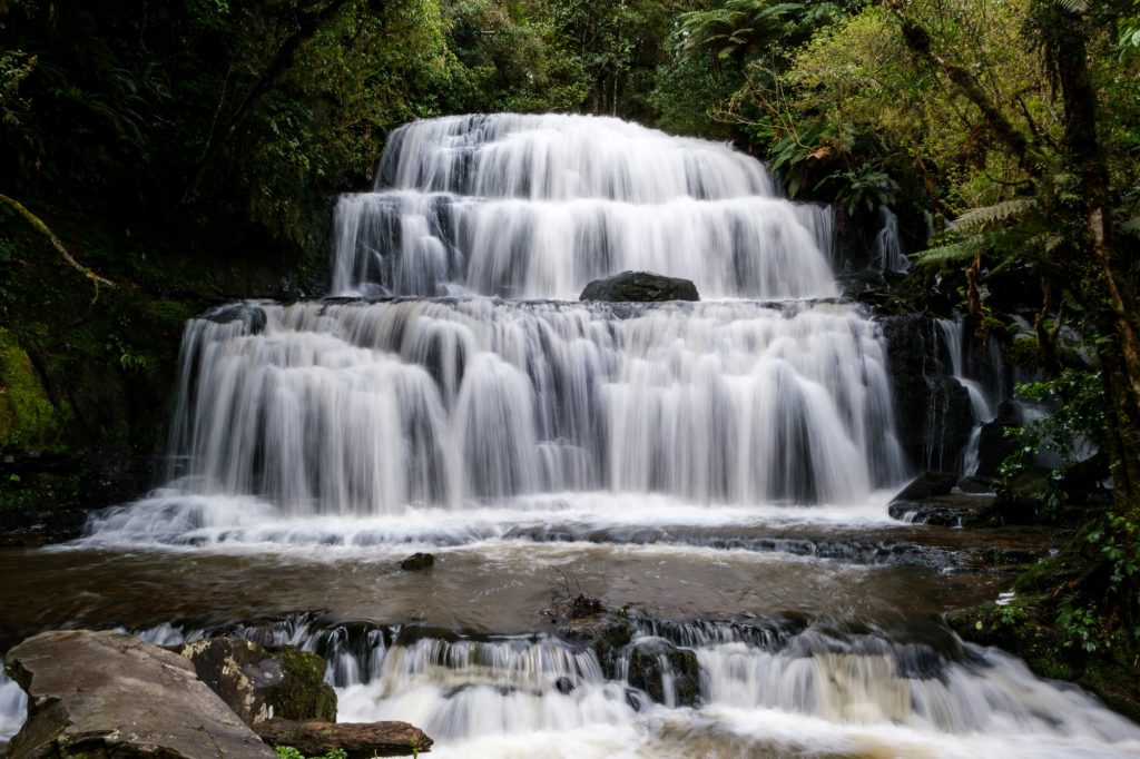 Tiered waterfall cascading through native forest in New Zealand
