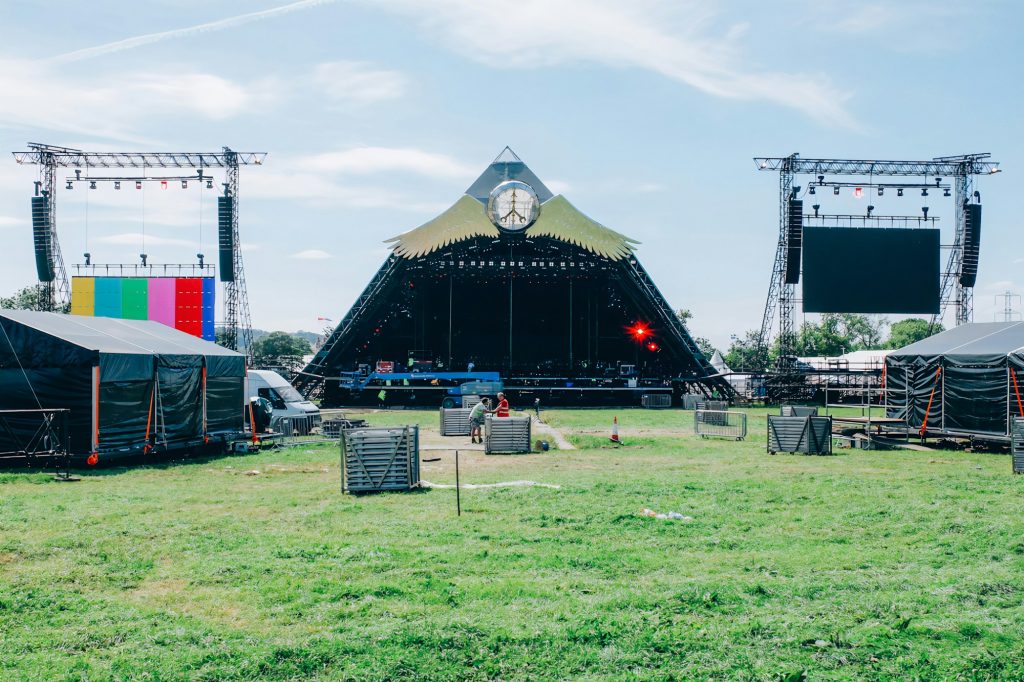 The Pyramid Stage on the grass at Worthy Farm before Glastonbury Festival opens